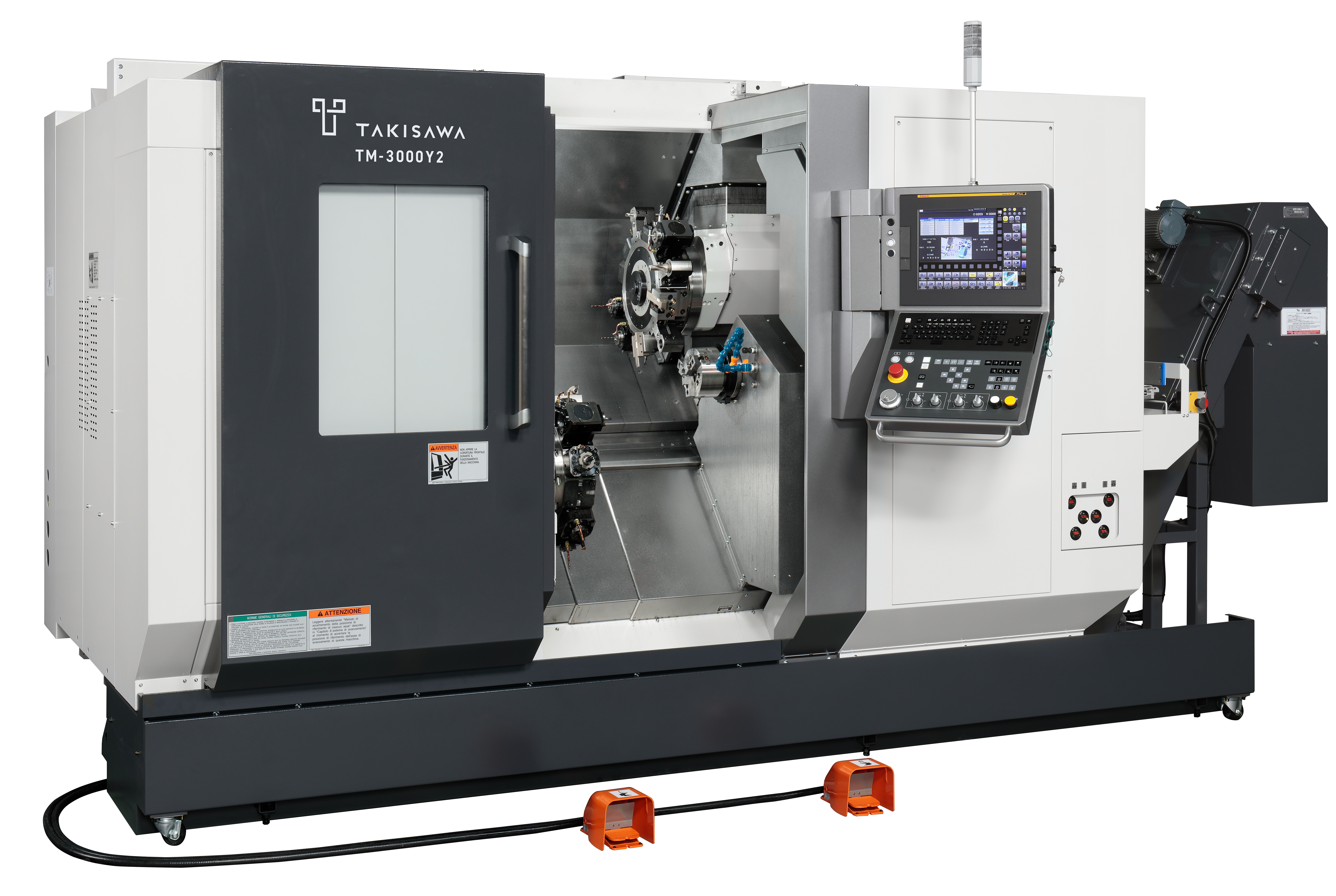 Takisawa Japan TT2600CMG Series Gantry Loaded Twin Spindle CNC Lathe, C-Axis & Live Tools