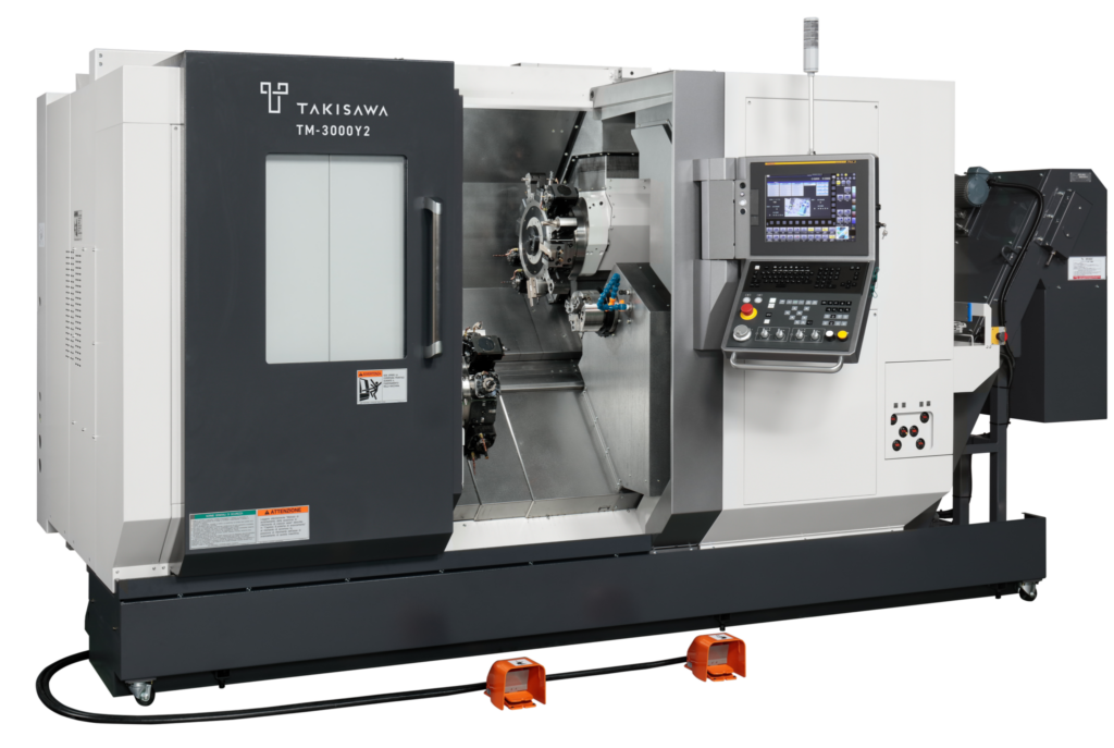 Takisawa Japan TM-3000Y2 Slant Bed, Y-Axis CNC Lathe with Twin Spindle & Twin Turrets